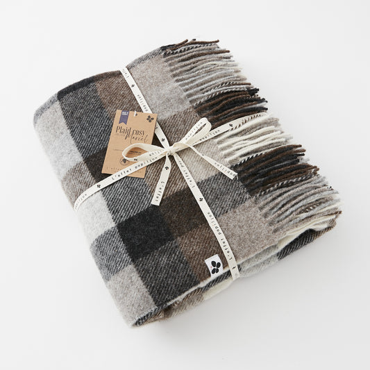 MARCEL, Wool Throw with Fringe in Brown, Charcoal and Gray Plaid.