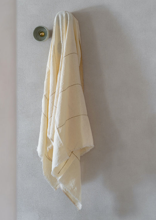 Linen Throw, Off-White with Black Embroidery